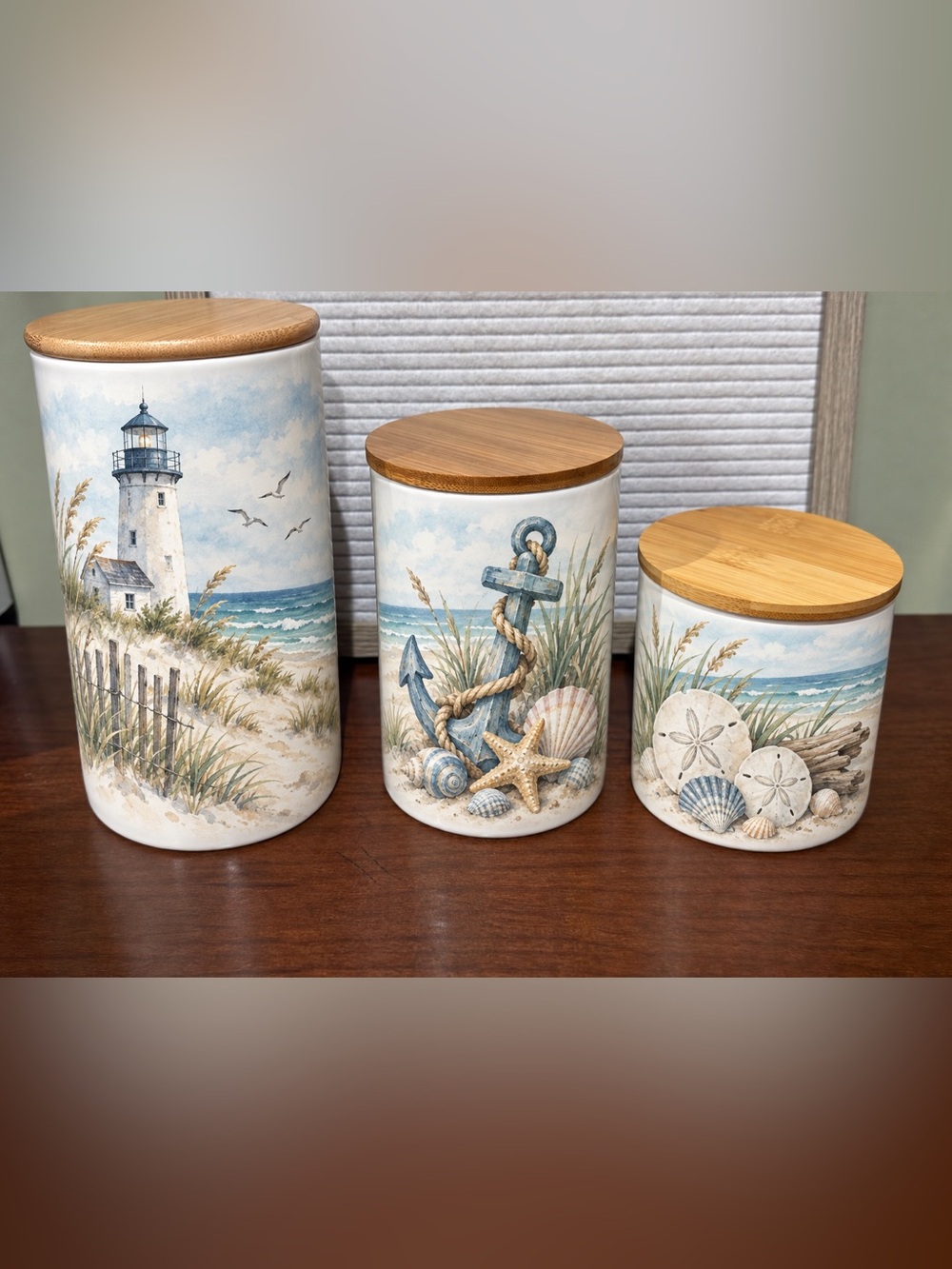 Coastal Lighthouse Canister Set with Bamboo Lids - Beach Anchor & Shell Motifs